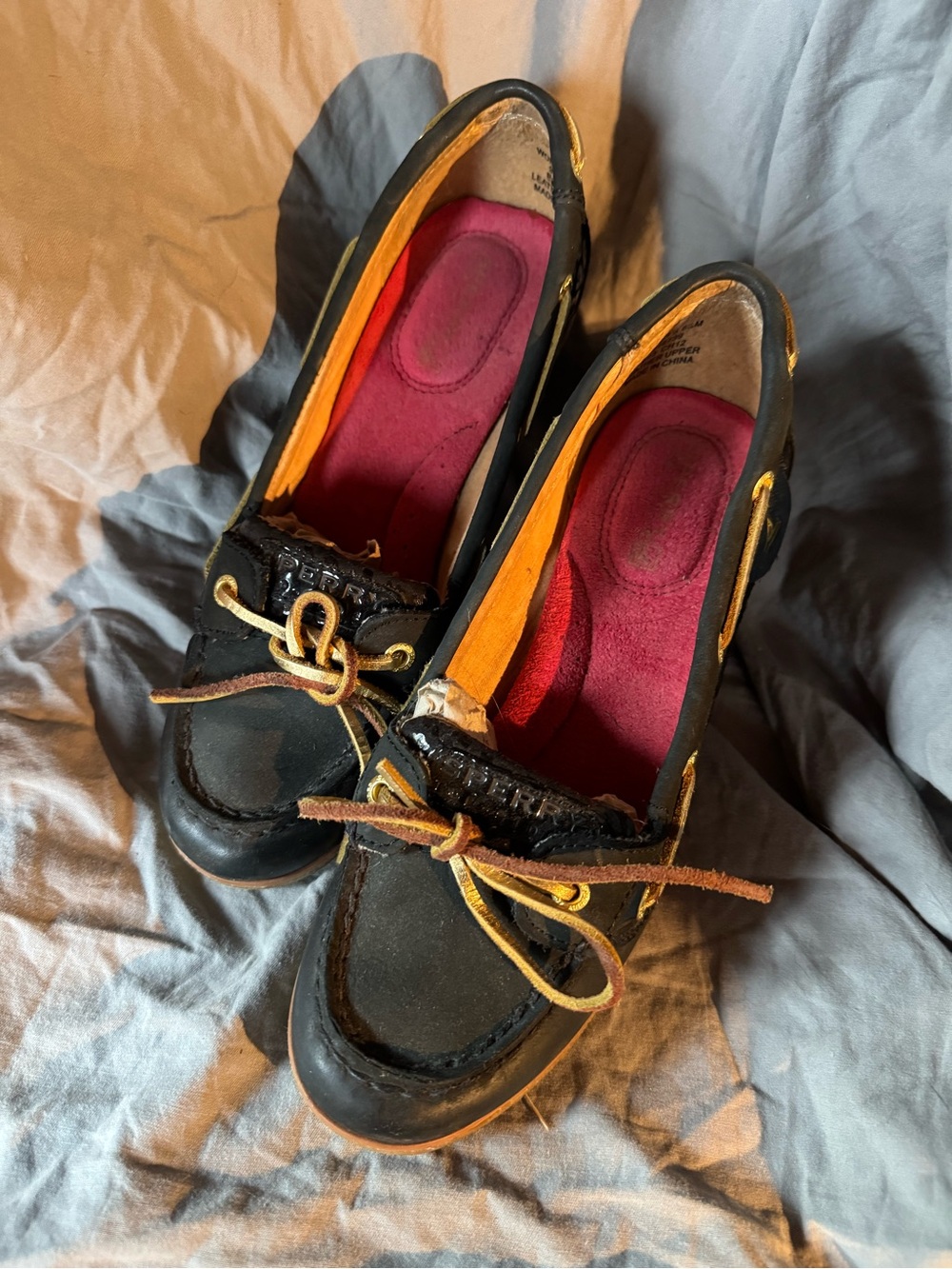 Sperry Black Leather Moccasin Mules with Yellow Trim and Pink Insoles